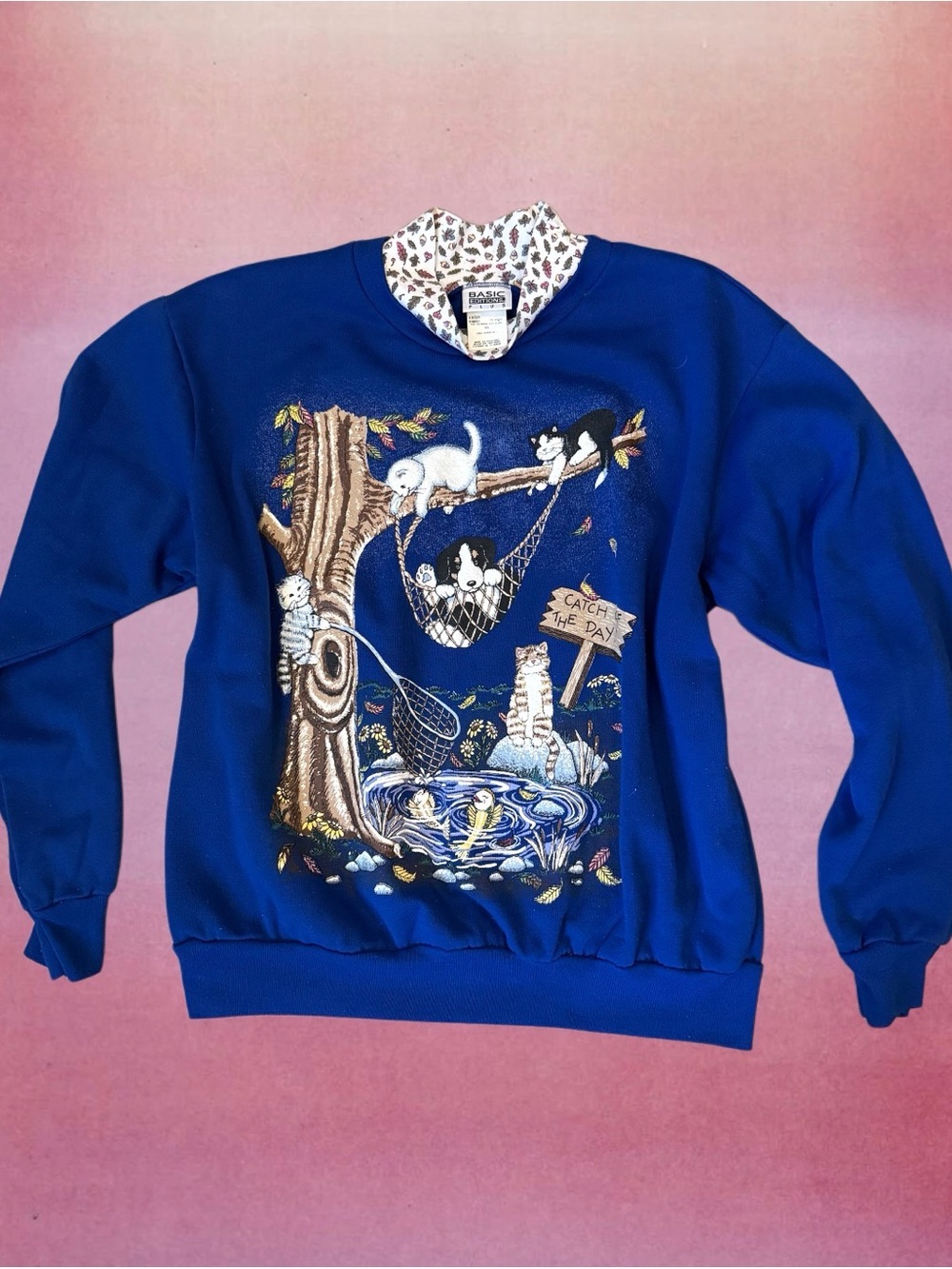 90s Blue Cat-Themed Crewneck Sweater